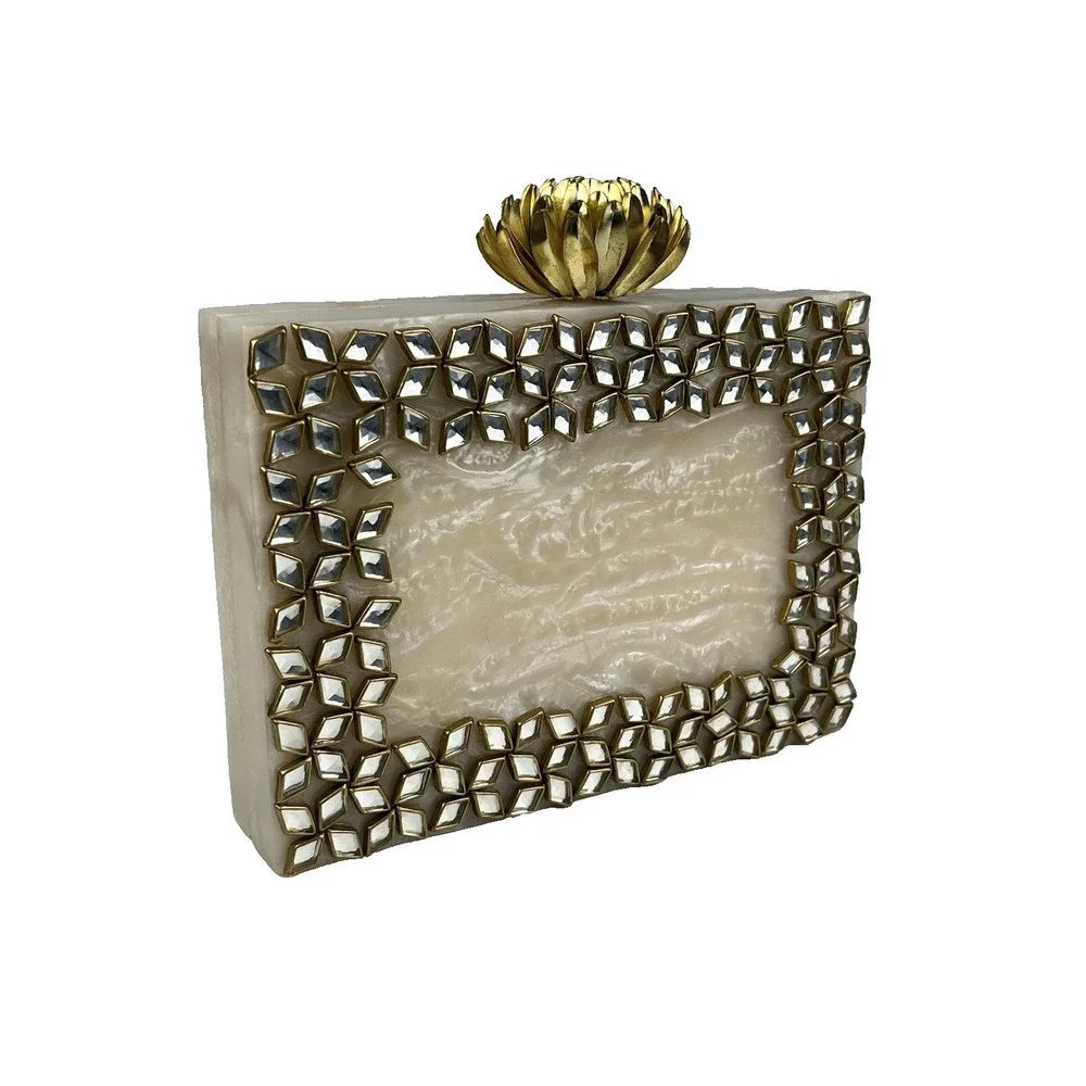 Kundan Mirror Rhinestone Clutch Resin Cream Marble Gold Tone Chain Boho Flower